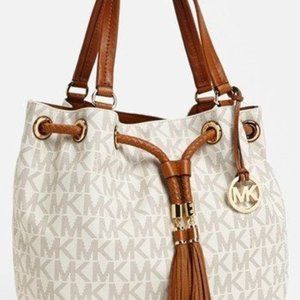 MICHAEL Michael Kors White/Brown Signature Coated Canvas Leather Gathered Tote
